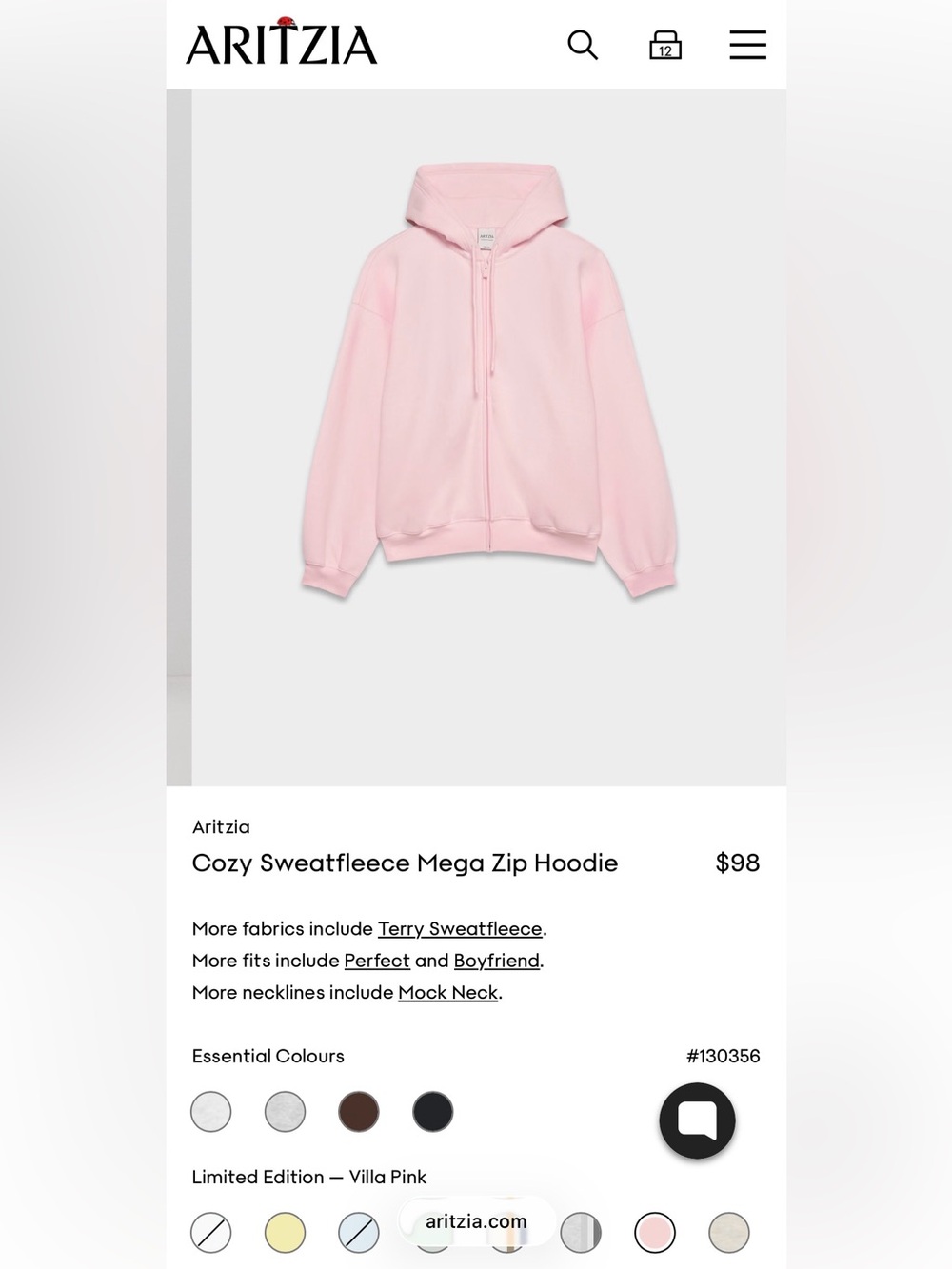 Aritzia Cozy Sweatfleece Mega Zip Hoodie – Villa Pink (Size M) 💗